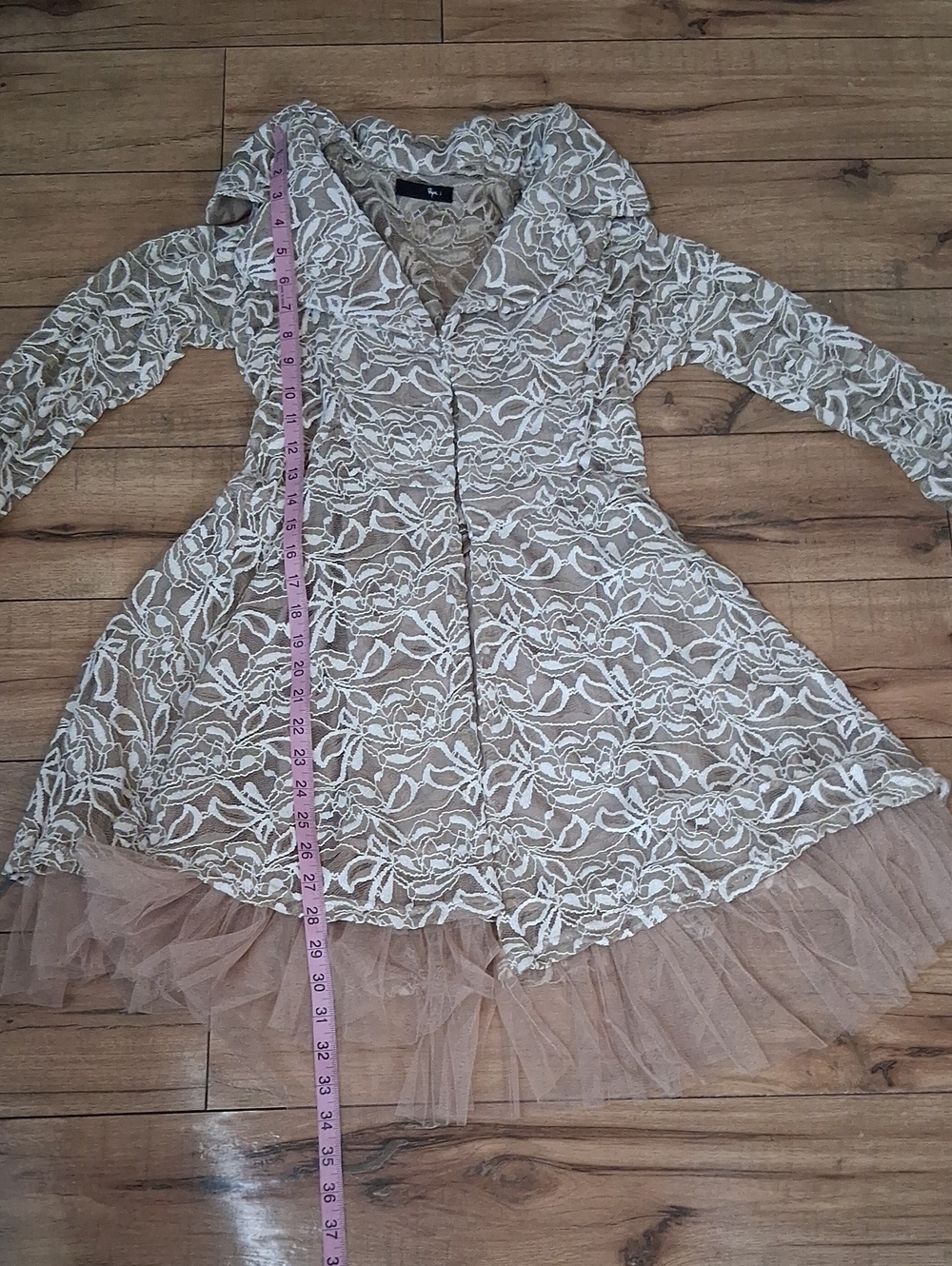 Women's Ivory And Tand Floral Lace Fit-and-Flare Coat Dress Tulle Trim Small - Picture 7 of 16